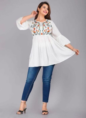deepcreek Casual Solid, Embroidered Women White Top