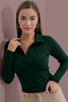 NAVYANKAA Casual Self Design Women Dark Green Top