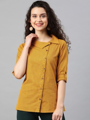 Yash Gallery Casual Regular Sleeve Striped Women Yellow Top