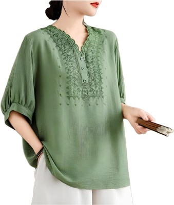 Sidhidata Casual Embroidered Women Green Top