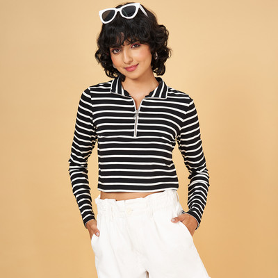 PEOPLE Casual Striped Women Black Top