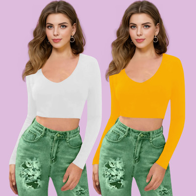 Dream Beauty Fashion Casual Solid Women Yellow, White Top