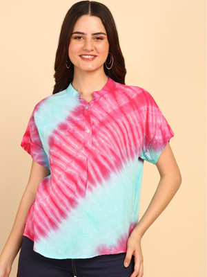 PinkTribe Casual Tie & Dye Women Light Green, Pink Top