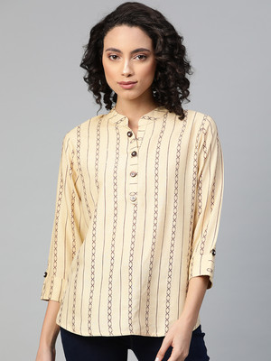 Oh Mi Dios Casual Striped Women Beige Top
