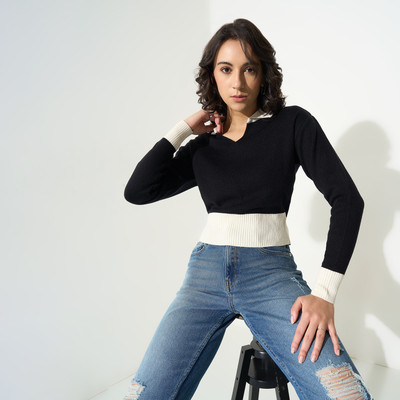 SF Jeans by Pantaloons Casual Color Block Women Black Top