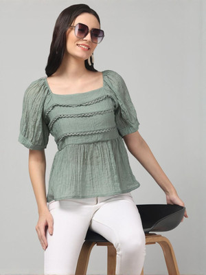 clobug Casual Embroidered Women Green Top