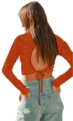 THE BLAZZE Casual Self Design Women Orange Top