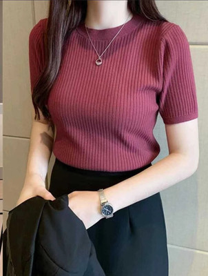 Everfab Self Design Women Round Neck Maroon T-Shirt