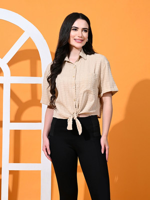 PRETTY LOVING THING Casual Self Design Women Beige Top