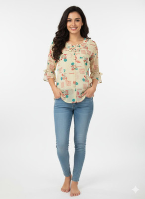 Girijesh Singh Casual Floral Print Women Beige, Multicolor Top