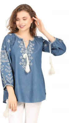 Hi Fashion Casual Embroidered Women Blue, Beige Top