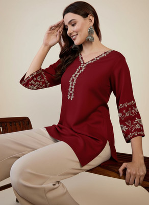 Mahira's Comfort Women Embroidered A-line Kurta(Maroon)