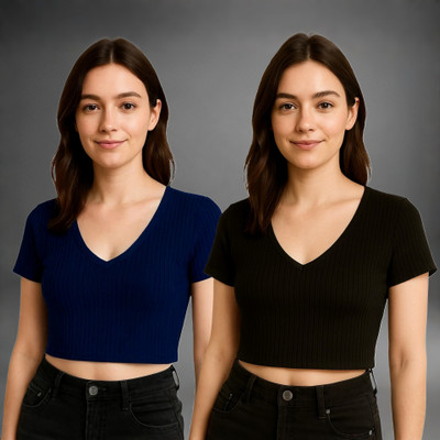 FAST CRY Casual Solid Women Blue, Black Top