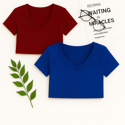 Show In Style Casual Striped Women Maroon, Blue Top