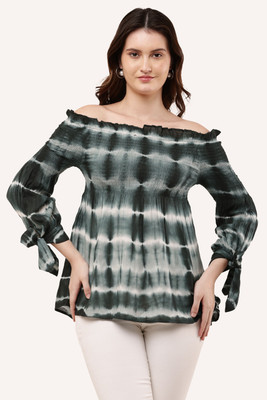 CLOTHINK India Casual Tie & Dye Women Green, Black Top
