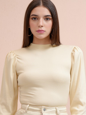 Tokyo Talkies Casual Solid Women Beige Top