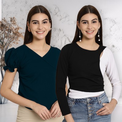 METRONAUT Casual Solid Women Dark Green, Black, White Top