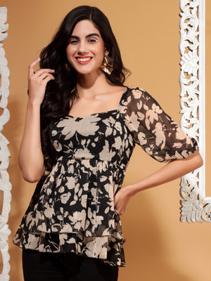 DRAPE AND DAZZLE Party Printed Women Beige, Black Top