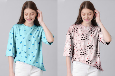 TULSI ENTERPRISE Casual Printed Women Pink, Light Blue Top