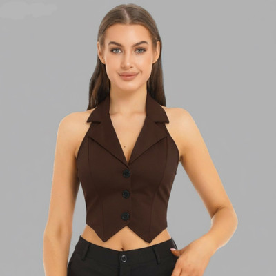 LAHAZAT Party Solid Women Brown Top
