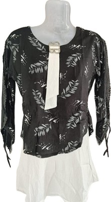 fasinf Casual Floral Print Women Black Top