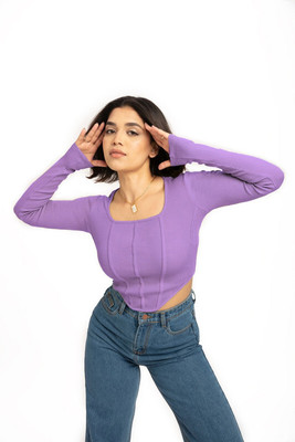 OMAYA Casual Solid Women Purple Top