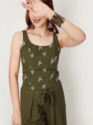 MAX Casual Embroidered Women White, Dark Green Top