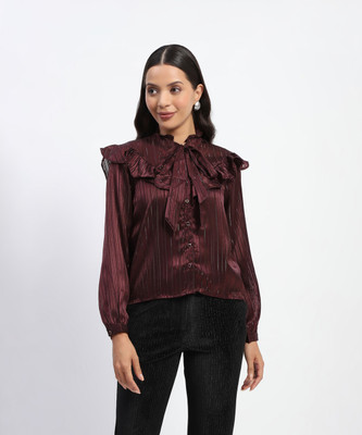 MADAME Casual Striped Women Maroon Top