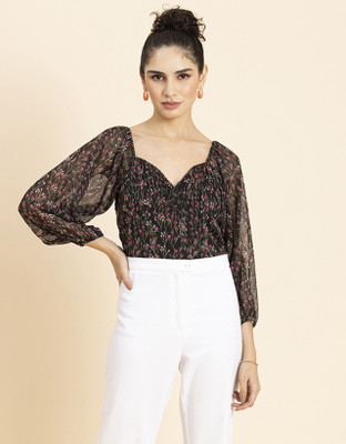 moomaya Casual Printed Women Black, Pink, White Top