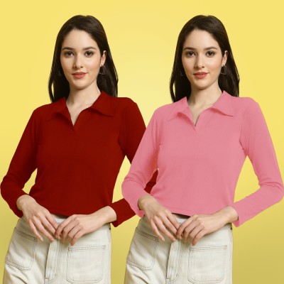 Fabflee Casual Solid Women Pink, Maroon Top