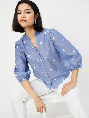 MAX Casual Embroidered Women Blue Top