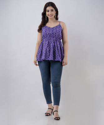 SHANGUL Casual Printed Women Blue Top