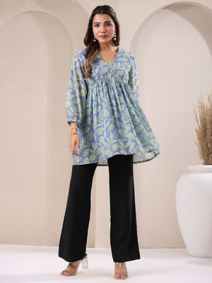 Janasya Casual Floral Print Women Light Blue Top