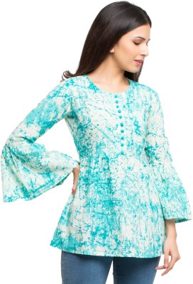 Yash Gallery Casual Bell Sleeve Tie & Dye Women Blue Top