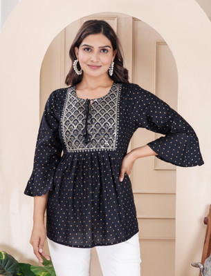 Govindam Casual Printed Women Black Top