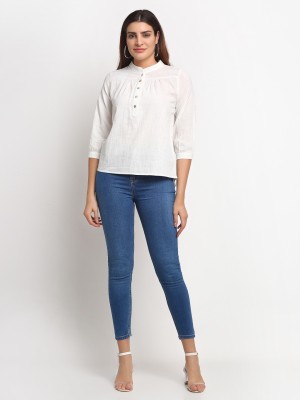 GLOBAL REPUBLIC Casual 3/4 Sleeve Solid Women White Top