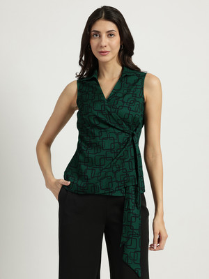 Fable Street Casual Geometric Print Women Green Top
