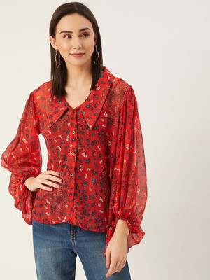 ANVI Be Yourself Casual 3/4 Sleeve Floral Print Women Red Top