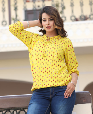 FASHION FALCON Casual Polka Print Women Yellow Top