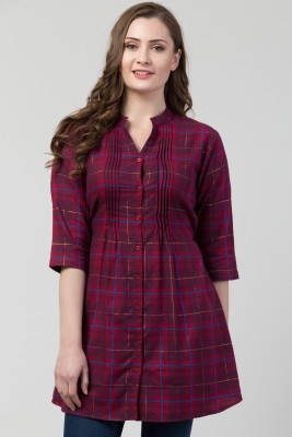 Hive91 Casual 3/4 Sleeve Checkered Women Maroon Top