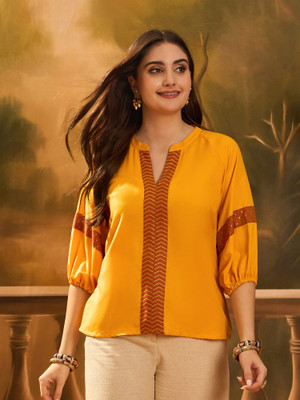 Sangria Casual Solid Women Yellow Top