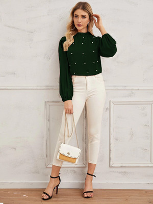 SZN Casual Solid Women Green Top