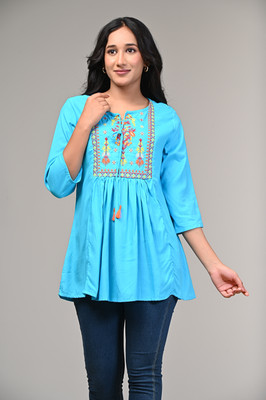 khwaishein Casual Embroidered Women Light Blue Top