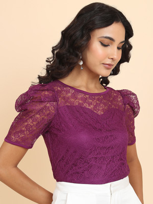 Tokyo Talkies Casual Solid Women Purple Top