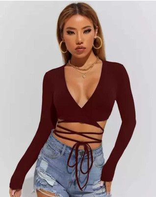 GOULFASHION Casual Self Design Women Maroon Top