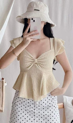 Tokyo Talkies Casual Solid Women Beige Top