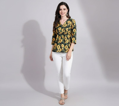 SHE AND HE Casual Floral Print Women Yellow, Green Top