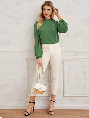 SZN Casual Solid Women Light Green Top