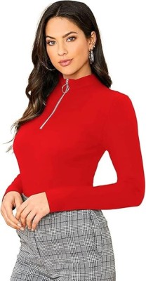 Vokan Casual Solid Women Red Top