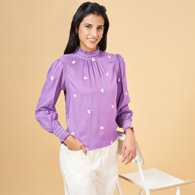 Honey By Pantaloons Casual Embroidered Women Purple, White Top